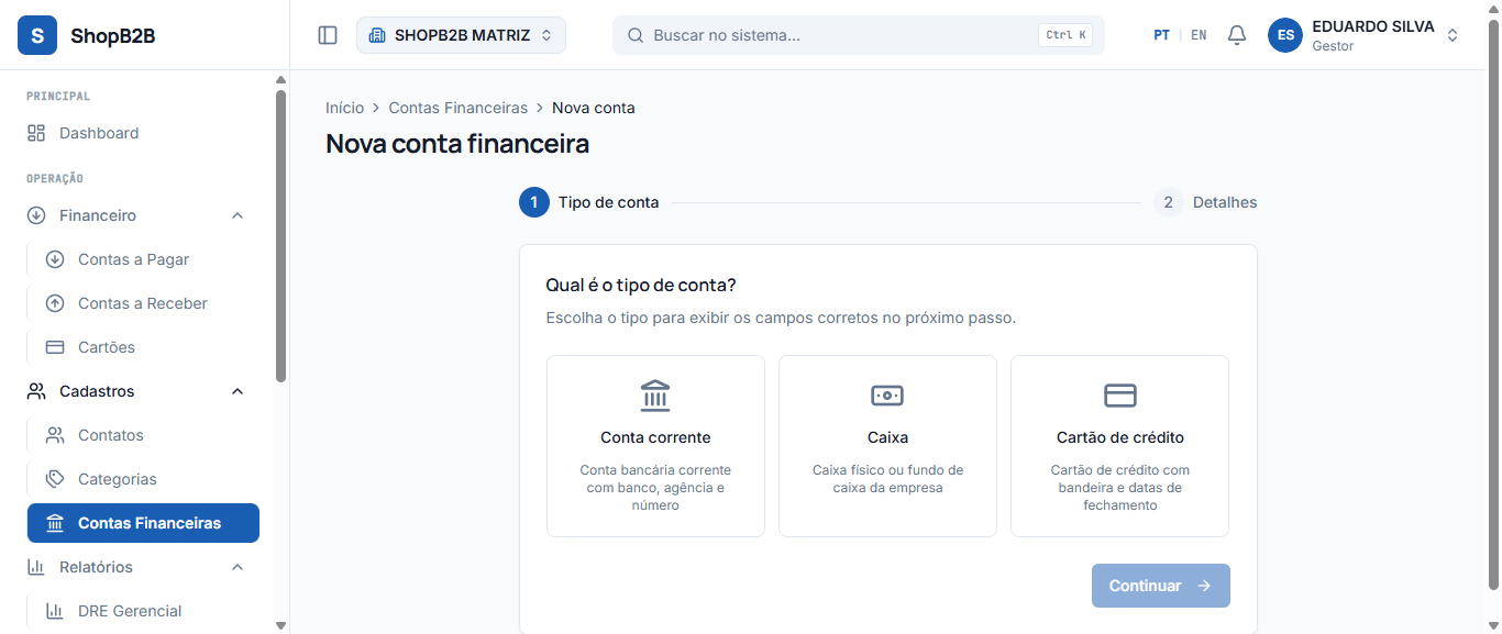 Wizard de conta financeira