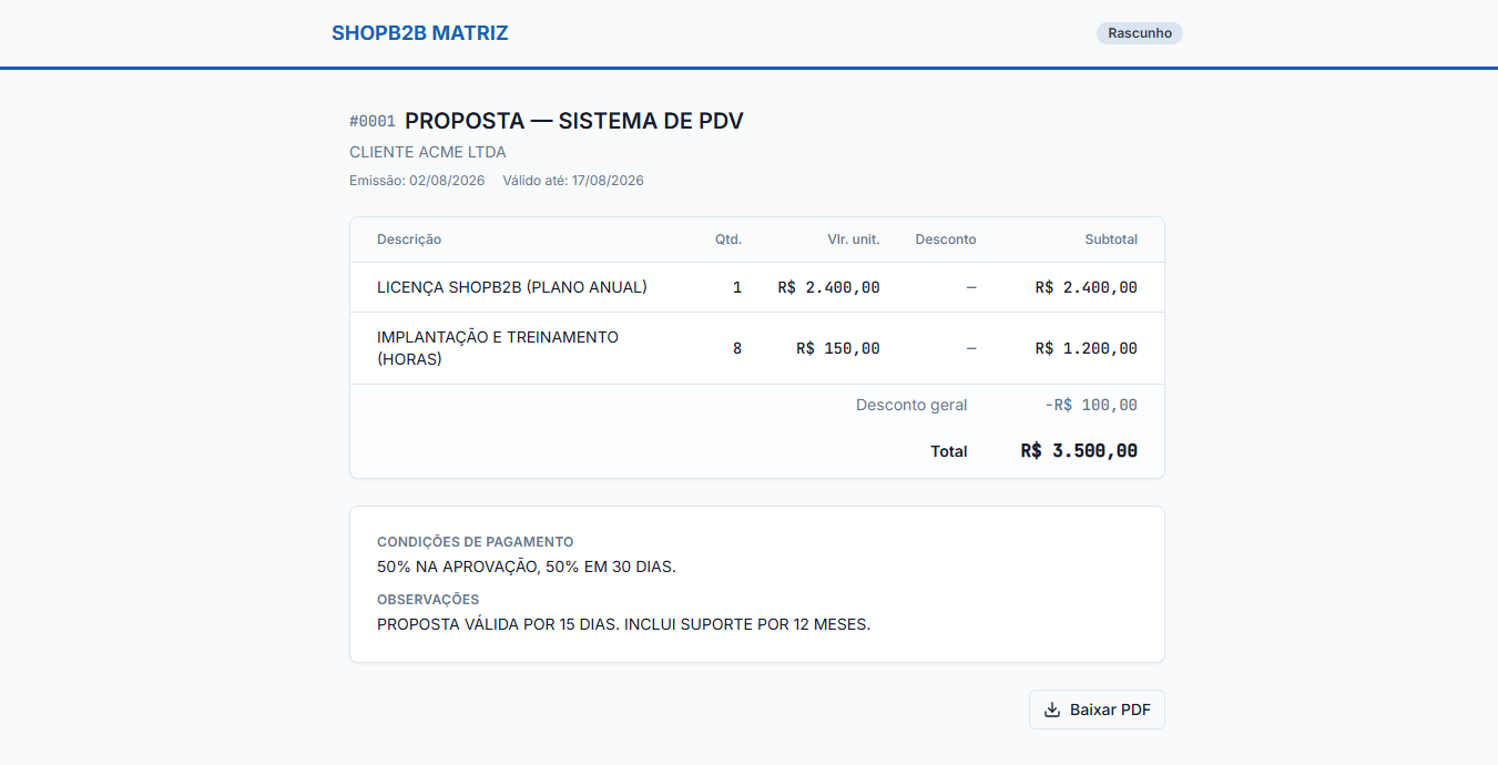 Página pública do orçamento — o que o cliente vê, sem login