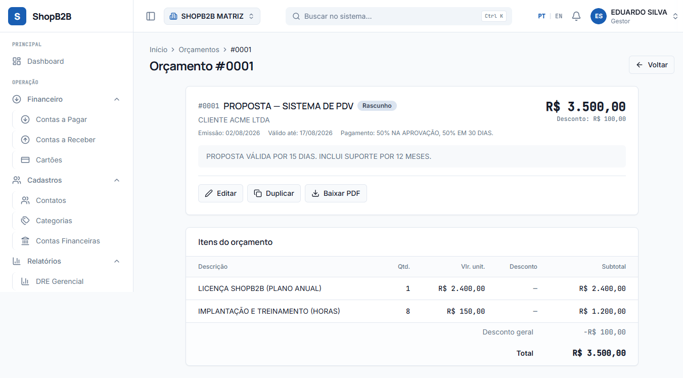 Detalhe do orçamento com itens, ações e histórico