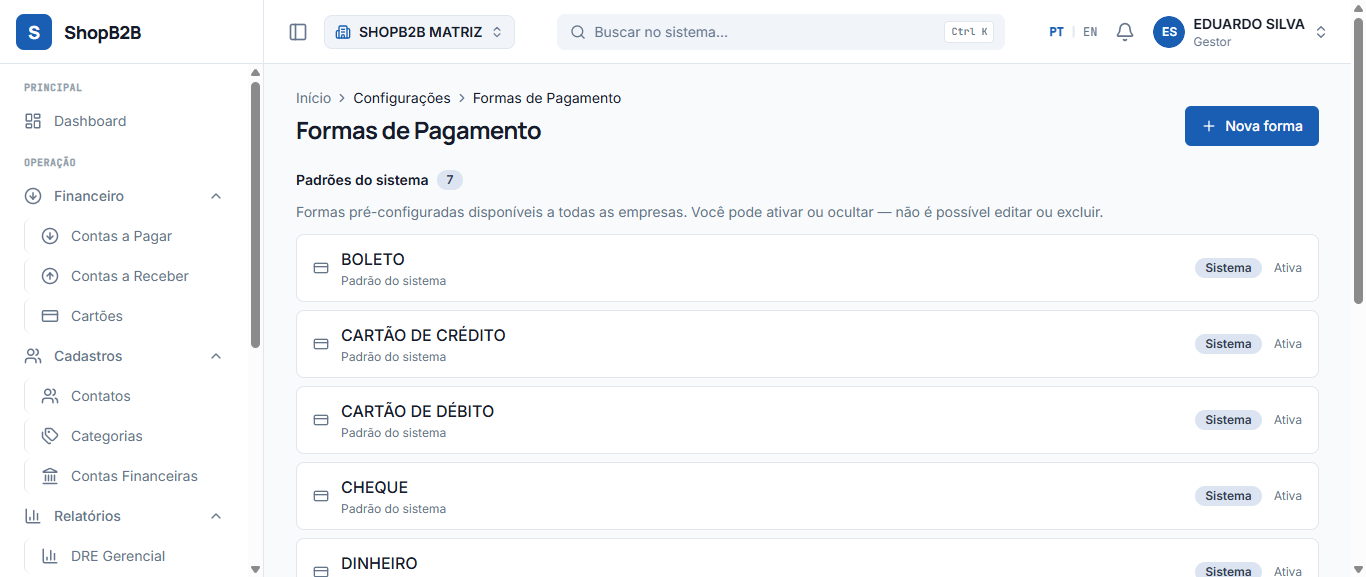 Formas de pagamento